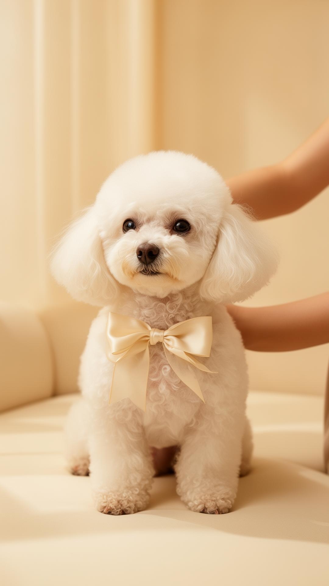 A pampered white poodle with a silk bow